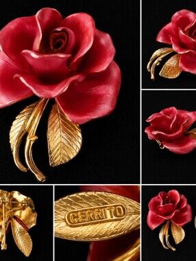 Vintage Signed Cerrito Red Rose Brooch Gold Tone Floral Pin Romantic Statement